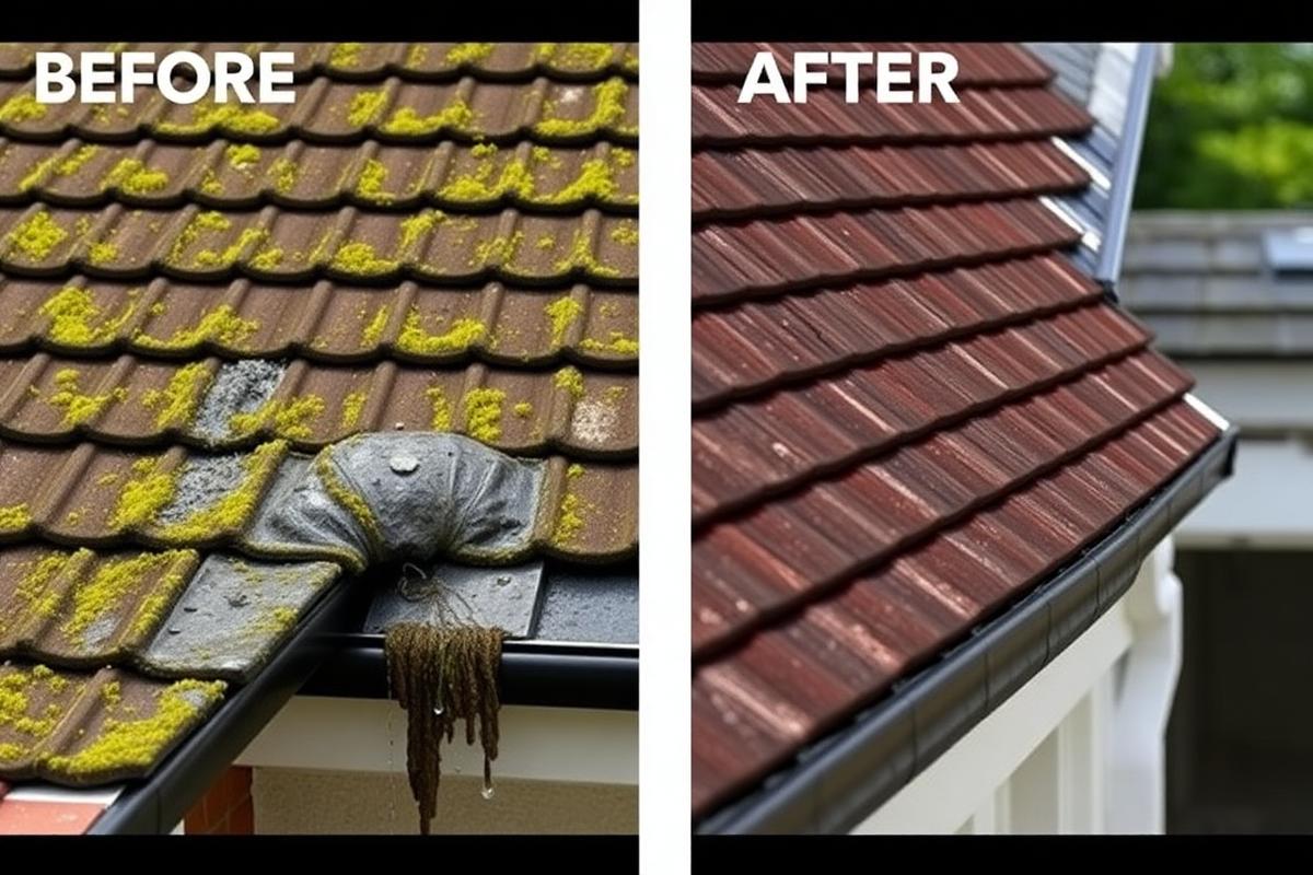 Before and after of a mossy roof and blocked gutter cleaned by ASAP